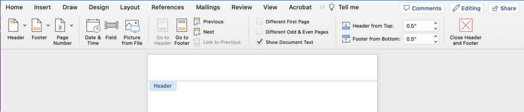 Header and Footer settings in MS Word